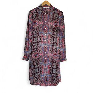 Foxcroft Button Down Tunic Top Size 10 Paisley Side Slits Jewel Tone Long Length